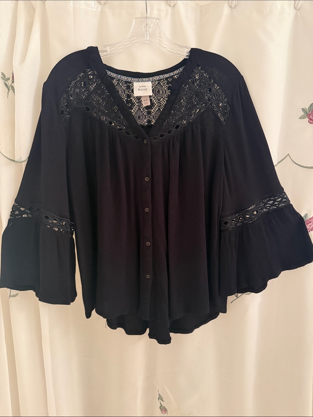 Knox Rose Black Lace-Panel Button Front Blouse